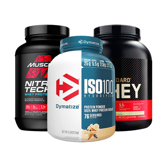 Variedad de suplementos proteicos de alta calidad para apoyar la recuperación muscular y el crecimiento, ideales para atletas y aficionados al fitness buscando optimizar su rendimiento y resultados.