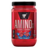 Frasco de AMINOx Endurance & Recovery, sabor Blue Raz, con 10g de BCAA y 0g de azúcar.