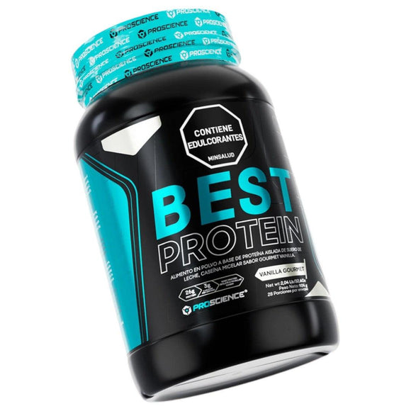 Tarro de Best Protein de 2 libras, sabor Vainilla Gourmet, que ofrece una combinación de proteína aislada de suero y caseína micelar para soporte muscular.