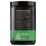 Vista lateralde de la Creatina micronizada Optimum Nutrition 600gr con detalles de beneficios como el aumento de fuerza, potencia y rendimiento, fórmula pura de creatina monohidratada.