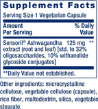 Detalle de los ingredientes y la cantidad de extracto de ashwagandha Sensoril, estandarizado a 32% oligosacáridos y 10% withanolide glycoside conjugates.
