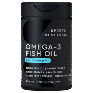 Envase frontal del Omega-3 Fish Oil de Sports Research, mostrando las principales características del producto como 1250 mg de aceite de pescado, libre de gluten, no GMO, y de pesca sostenible.