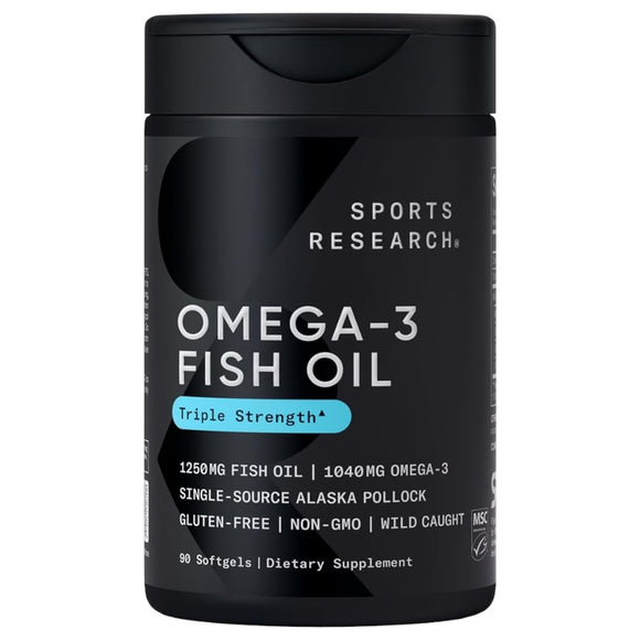 Envase frontal del Omega-3 Fish Oil de Sports Research, mostrando las principales características del producto como 1250 mg de aceite de pescado, libre de gluten, no GMO, y de pesca sostenible.