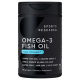 Envase frontal del Omega-3 Fish Oil de Sports Research, mostrando las principales características del producto como 1250 mg de aceite de pescado, libre de gluten, no GMO, y de pesca sostenible.