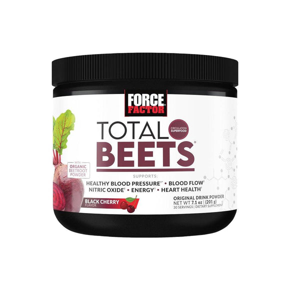 Envase de Total Beets de Force Factor sabor Cereza Negra, mostrando los beneficios del producto como apoyo a la presión arterial saludable, flujo sanguíneo y energía.