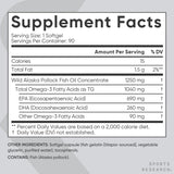 Etiqueta de información nutricional del Omega-3 Fish Oil de Sports Research, mostrando la cantidad de EPA, DHA y otros ácidos grasos Omega-3 por porción, junto con los ingredientes adicionales.