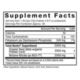 Etiqueta de información nutricional de Total Beets, mostrando los ingredientes y valores nutricionales por porción.
