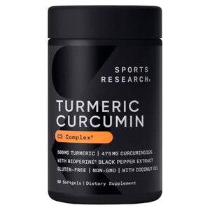 Imagen del frente del suplemento Turmeric Curcumin de Sports Research. El frasco muestra que contiene 60 cápsulas blandas, con cúrcuma, extracto de pimienta negra BioPerine, libre de gluten y transgénicos.