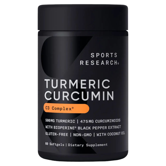 Imagen del frente del suplemento Turmeric Curcumin de Sports Research. El frasco muestra que contiene 60 cápsulas blandas, con cúrcuma, extracto de pimienta negra BioPerine, libre de gluten y transgénicos.