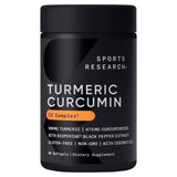 Imagen del frente del suplemento Turmeric Curcumin de Sports Research. El frasco muestra que contiene 60 cápsulas blandas, con cúrcuma, extracto de pimienta negra BioPerine, libre de gluten y transgénicos.