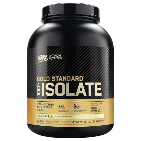 Proteína Gold Standard 100% Isolate de 3 lb en sabor Rich Vanilla. Ultra-filtrada, con 25 g de proteína de suero por porción, diseñada para promover la recuperación muscular rápida.