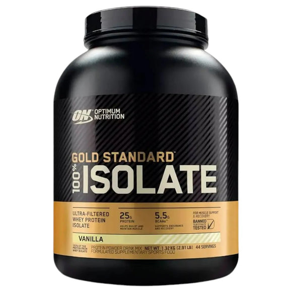 Frasco de proteína Gold Standard 100% Isolate sabor Rich Vanilla, 5 lb, con 25 g de proteína y 5.5 g de BCAAs por porción. Ideal para recuperación y desarrollo muscular con alta pureza.