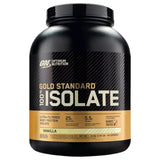 Frasco de proteína Gold Standard 100% Isolate sabor Rich Vanilla, 5 lb, con 25 g de proteína y 5.5 g de BCAAs por porción. Ideal para recuperación y desarrollo muscular con alta pureza.