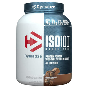 Envase de Proteína ISO100 Dymatize sabor Vainilla Gourmet, mostrando la etiqueta frontal con 25g de proteína, 5.5g de BCAA y 2.7g de leucina por porción.