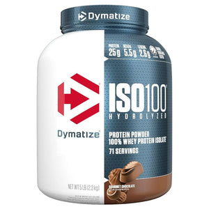 Envase de Proteína ISO100 Dymatize 5 librass abor Vainilla Gourmet, mostrando la etiqueta frontal con 25g de proteína, 5.5g de BCAA y 2.7g de leucina por porción.