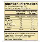 Ingredientes y valores nutricionales de la proteína Gold Standard 100% Isolate. Contiene aislado de proteína de suero hidrolizado, libre de grasas y azúcares añadidos.