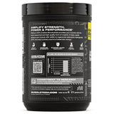 Vista lateralde la creatina MuscleTech Platinum 100% Creatine con detalles de beneficios como el aumento de fuerza, potencia y rendimiento, fórmula pura de creatina monohidratada.