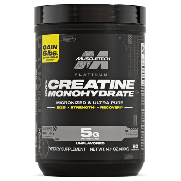 Frasco de creatina MuscleTech Platinum 100% Creatine con 400 g y 80 porciones. Incrementa la fuerza muscular, mejora el rendimiento y potencia la masa muscular.