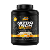 Proteína Nitro Tech Whey Gold de MuscleTech vanilla cream 5lb, presentación en tarro negro con etiqueta dorada, vista frontal. del tarro