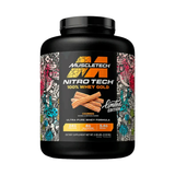 Proteína Nitro Tech Whey Gold de MuscleTech Churr 5lb, presentación en tarro negro con etiqueta dorada, vista frontal. del tarros