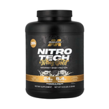 Proteína Nitro Tech Whey Gold de MuscleTech Cookies & Cream 5lb, presentación en tarro negro con etiqueta dorada, vista frontal. del tarro