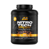 Proteína Nitro Tech Whey Gold de MuscleTech Double Rich Chocolate 5lb, presentación en tarro negro con etiqueta dorada, vista frontal. del tarro