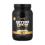 Proteína Nitro Tech Whey Gold de MuscleTech vanilla cream 2lb, presentación en tarro negro con etiqueta dorada, vista frontal. del tarro