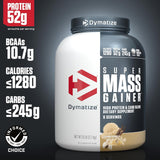 Información nutricional de Super Mass Gainer Dymatize 6 lb sabor Vainilla, con 52g de proteínas, 1280 calorías y 245g de carbohidratos por porción.