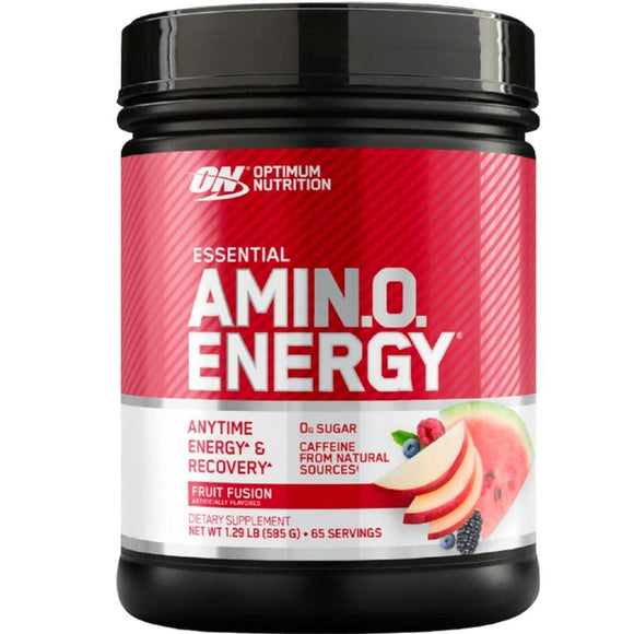 Bote de ESSENTIAL AMIN.O. ENERGY de Optimum Nutrition sabor Fruit Fusion, con 65 porciones, diseñado para energía y recuperación muscular con aminoácidos esenciales y cafeína natural.