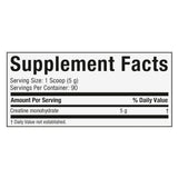 Vista de la tabla de información nutricional del producto MuscleTech Platinum 100% Creatine. Contiene 5g de creatina monohidratada por porción, sin calorías, grasas ni carbohidratos.
