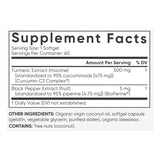 Tabla de información nutricional del suplemento Turmeric Curcumin. Contiene 500 mg de cúrcuma estandarizada al 95% de curcuminoides y 5 mg de extracto de pimienta negra BioPerine por porción.