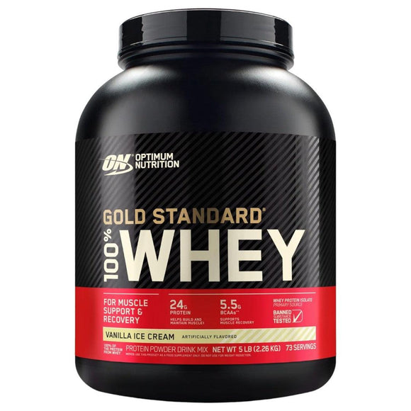Frasco de proteína Gold Standard 100% Whey sabor Vanilla Ice Cream, 5 libras, con 73 porciones de proteína, BCAAs y apoyo muscular.