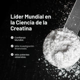 Imagen que explica el respaldo científico de la Creatina Platinum Muscletech con scoop de creatina en polvo.