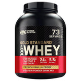 Proteína Whey Gold Standard 100% de Optimum Nutrition 5 lb sabor french vanilla creme con 73 servicios.