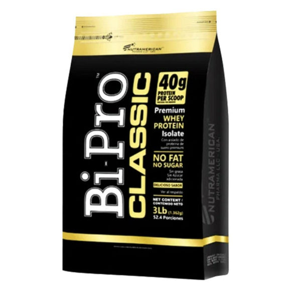 Envase de Bi-Pro Classic sabor Vainilla de 3 libras, destacando su fórmula sin grasas ni azúcares, ideal para dietas controladas.