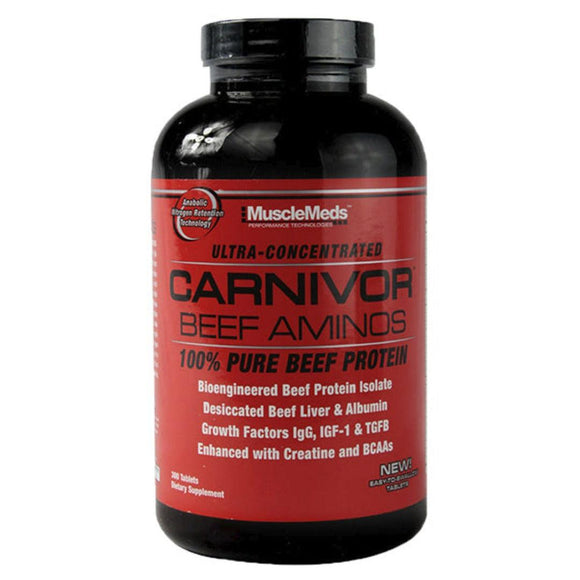 Frasco de Carnivor Beef Aminos con 300 tabletas. Fuente ultra concentrada de aminoácidos esenciales y creatina para recuperación muscular y desarrollo de fuerza. Ideal para atletas de alto rendimiento.