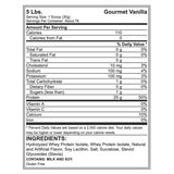 Etiqueta de información nutricional de la Proteína ISO100 Dymatize sabor Vainilla Gourmet, detallando los ingredientes y valores nutricionales por porción.