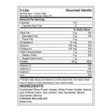 Etiqueta de información nutricional de la Proteína ISO100 Dymatize sabor Vainilla Gourmet, detallando los ingredientes y valores nutricionales por porción.