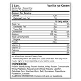 Lista de ingredientes y valores nutricionales de la proteína Gold Standard Whey sabor Vanilla Ice Cream, que incluye proteína de suero, sabores naturales y artificiales, y alérgenos como leche y soya.