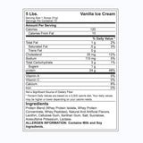 Lista de ingredientes y valores nutricionales de la proteína Gold Standard Whey sabor Vanilla Ice Cream, que incluye proteína de suero, sabores naturales y artificiales, y alérgenos como leche y soya.